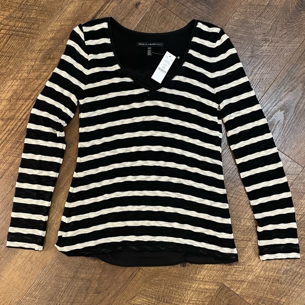 NWT White House Black Market XXS Black and White Striped Sweater Split Back Lace